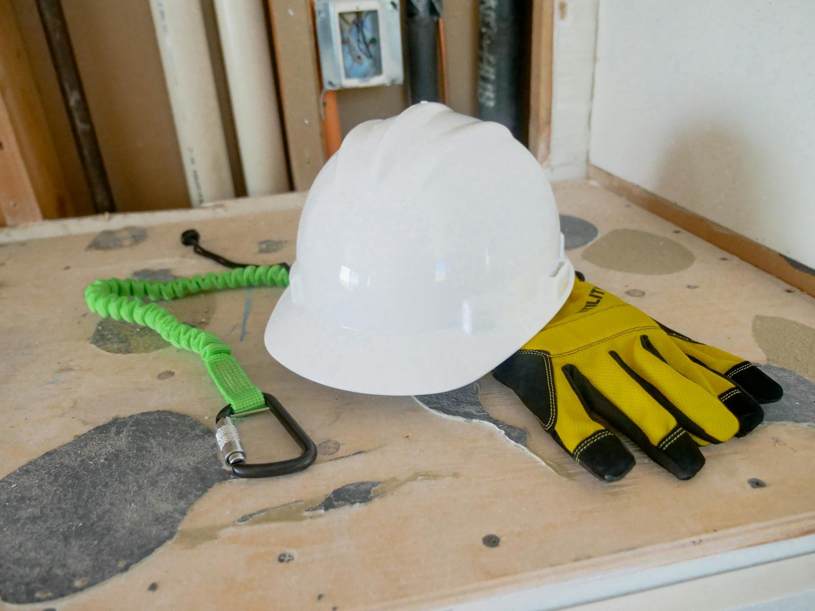 White hard hat, protective gloves, and safety harness on construction site.