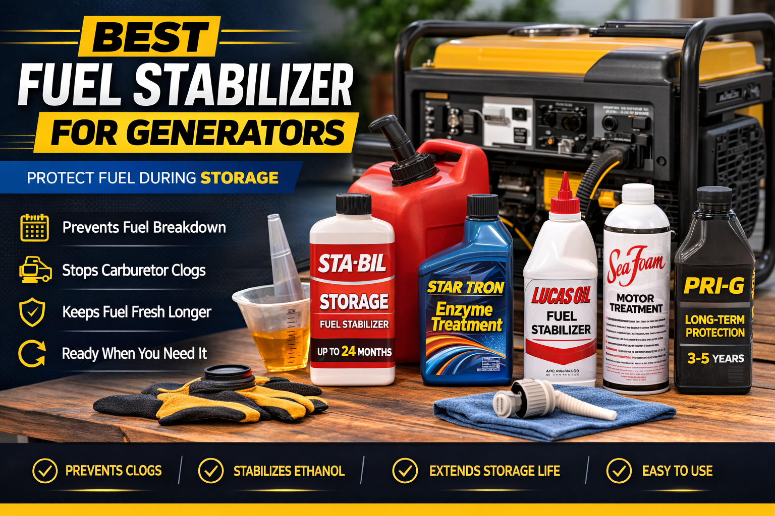 Best fuel stabilizer for generator storage including STA-BIL, Star Tron, Lucas Oil, Sea Foam, and PRI-G fuel stabilizers.