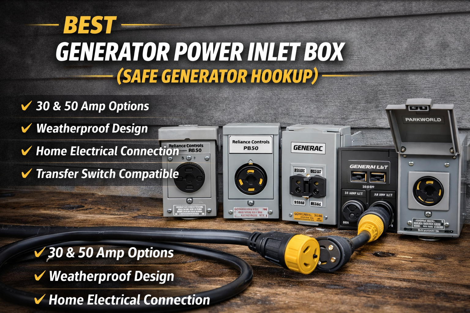 Best generator power inlet box for home backup power installation with 30 amp and 50 amp generator connections.