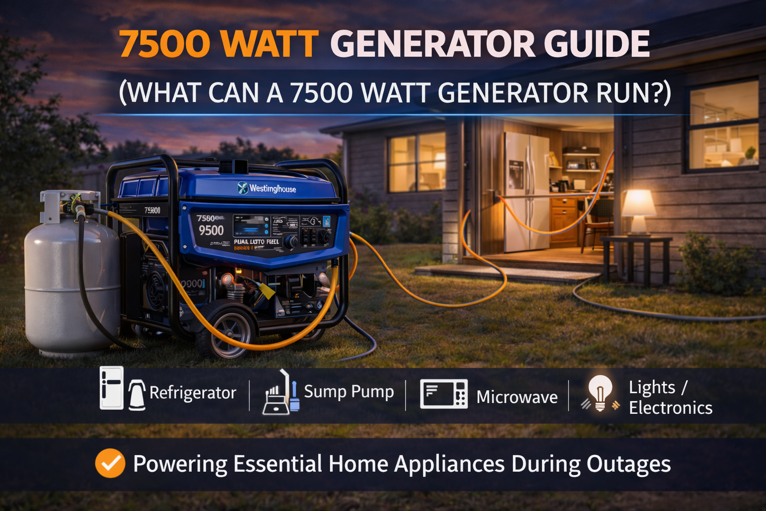 7500 watt portable generator powering essential home appliances during power outage