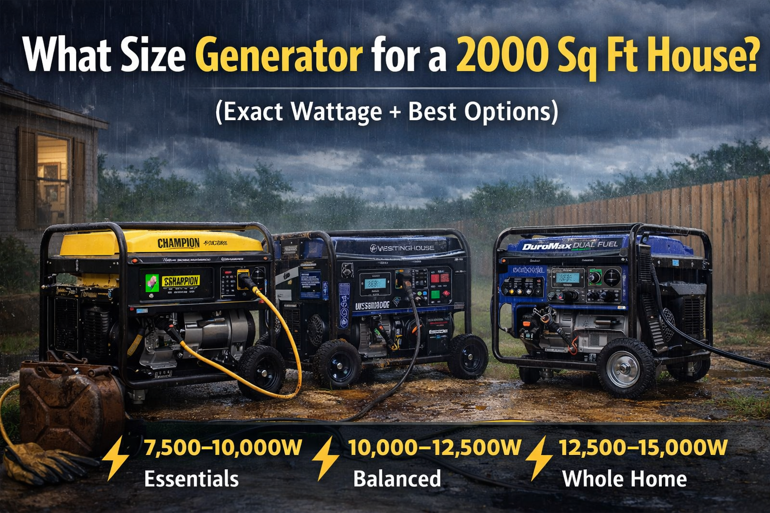 Generator size calculator for 2000 sq ft house showing how to calculate running watts and starting watts.