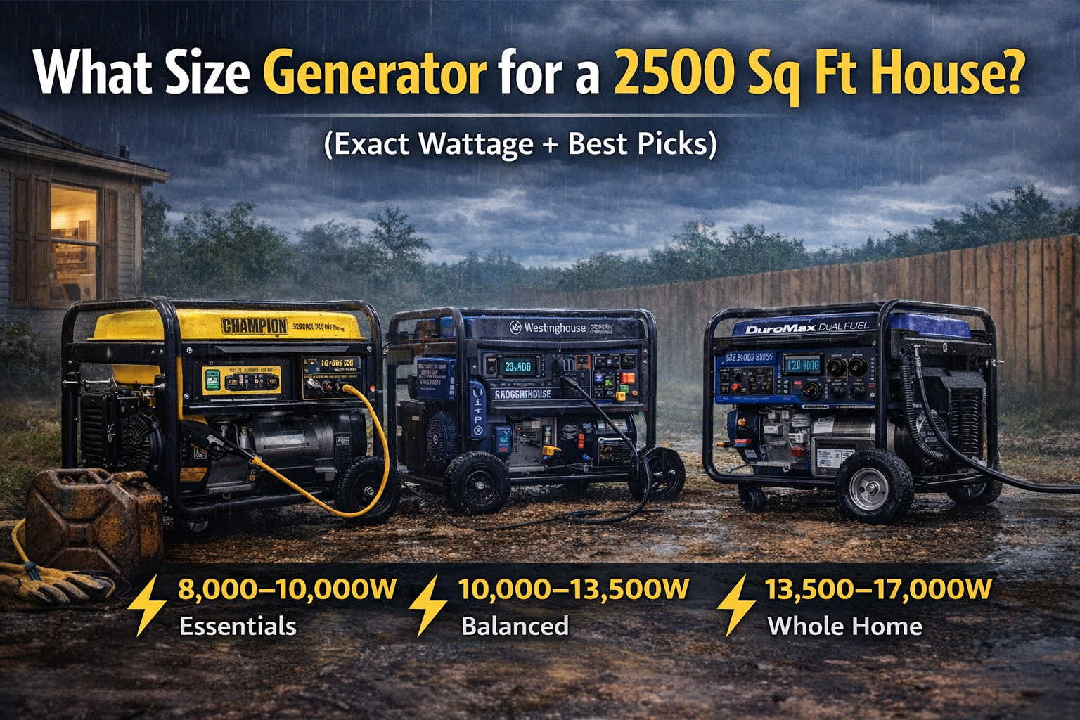 What size generator for a 2500 sq ft house chart showing 8000 to 17000 watt generator recommendations for home backup