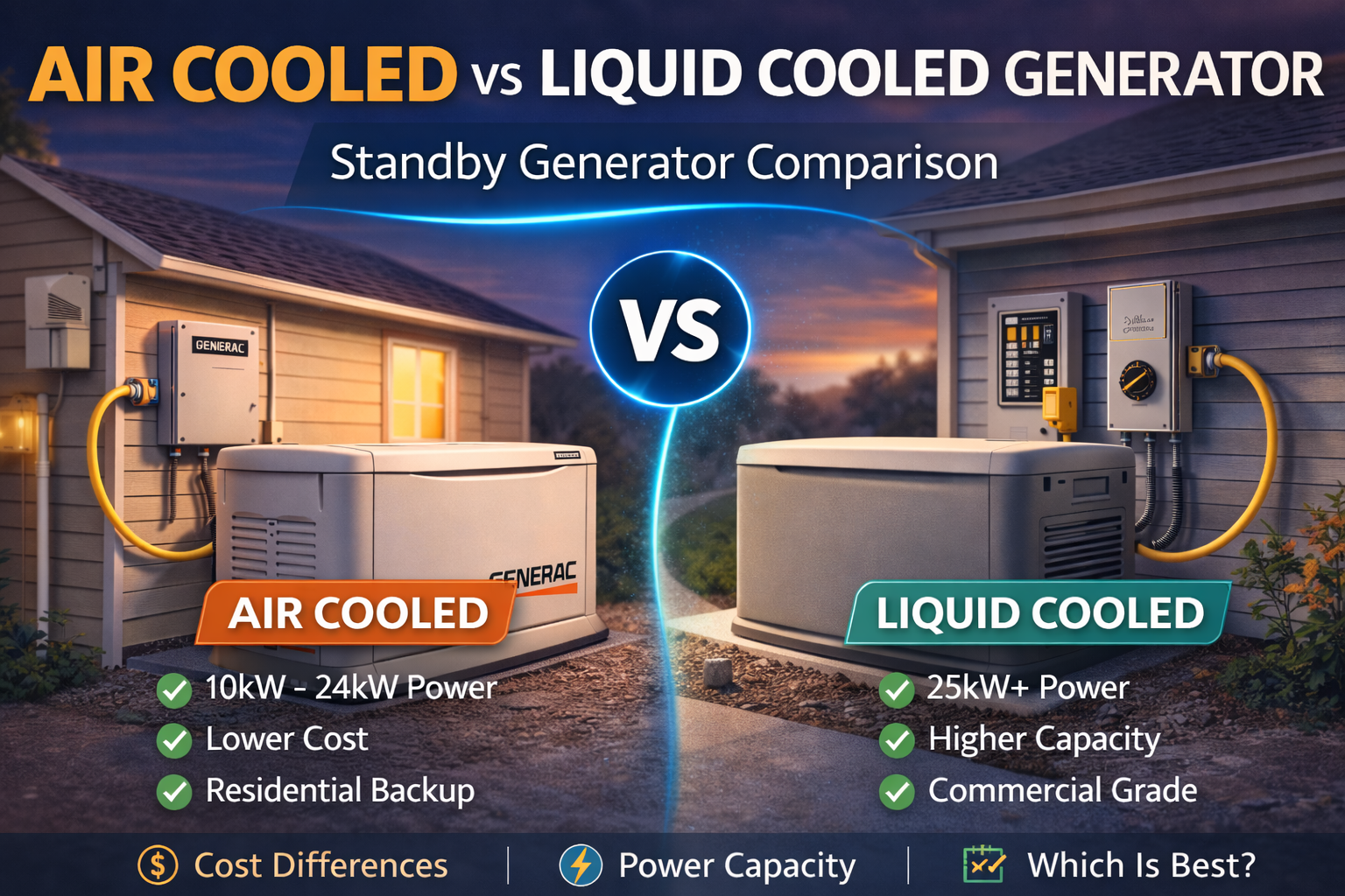 air cooled vs liquid cooled standby generator comparison for whole house backup power