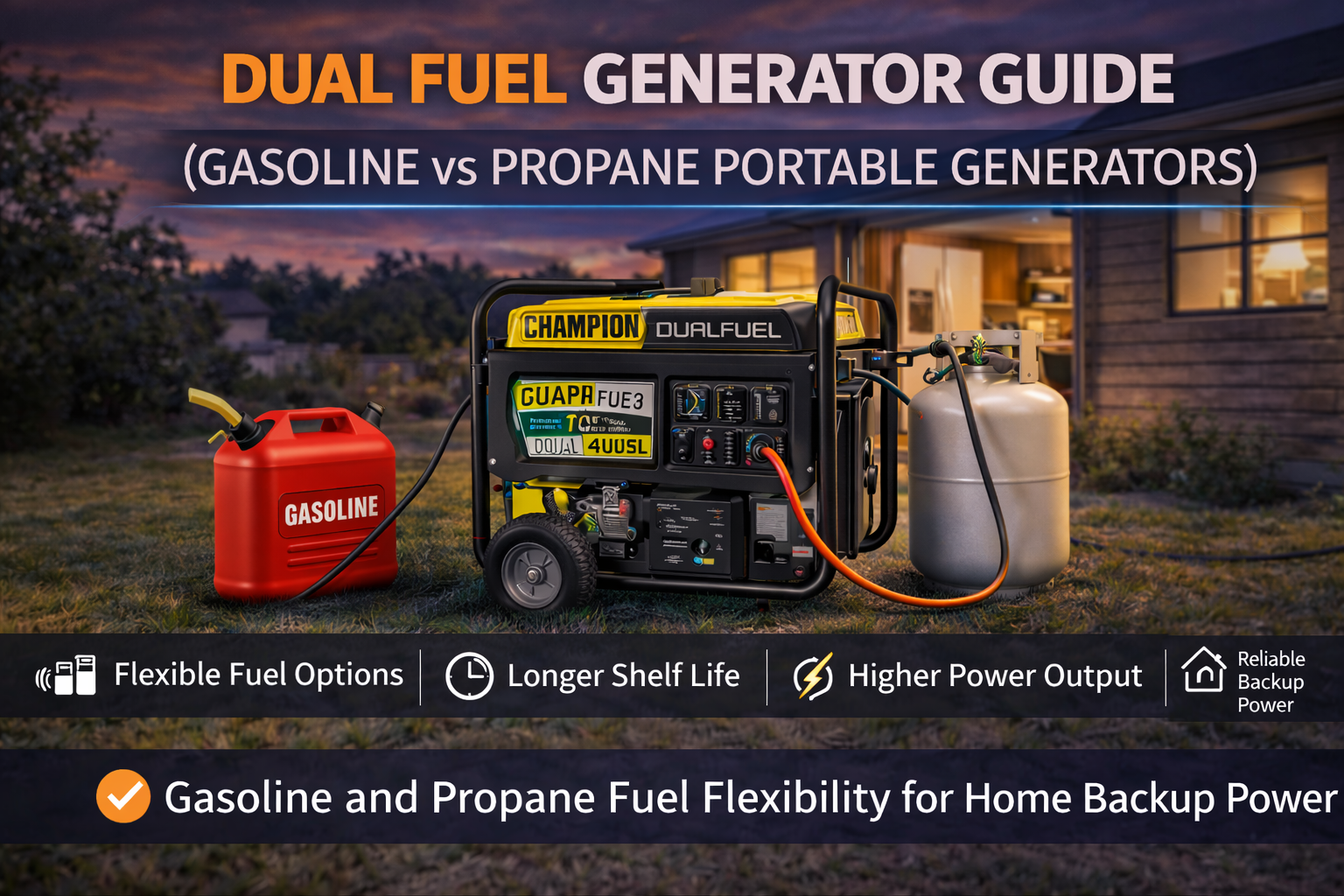 dual fuel portable generator running on propane and gasoline for home backup power