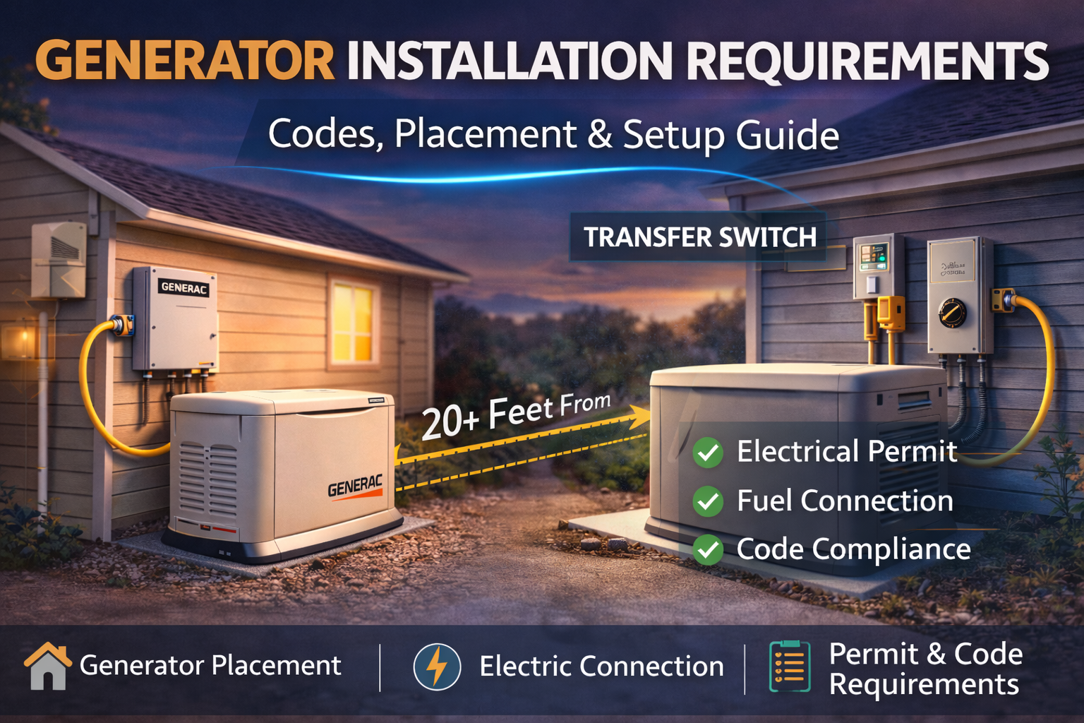 generator installation requirements showing standby generator placement and transfer switch setup