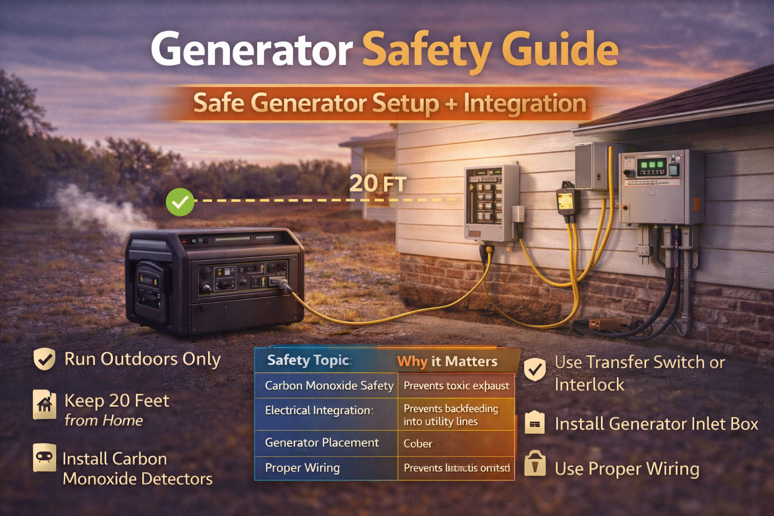 generator safety guide showing safe generator placement and electrical connection setup