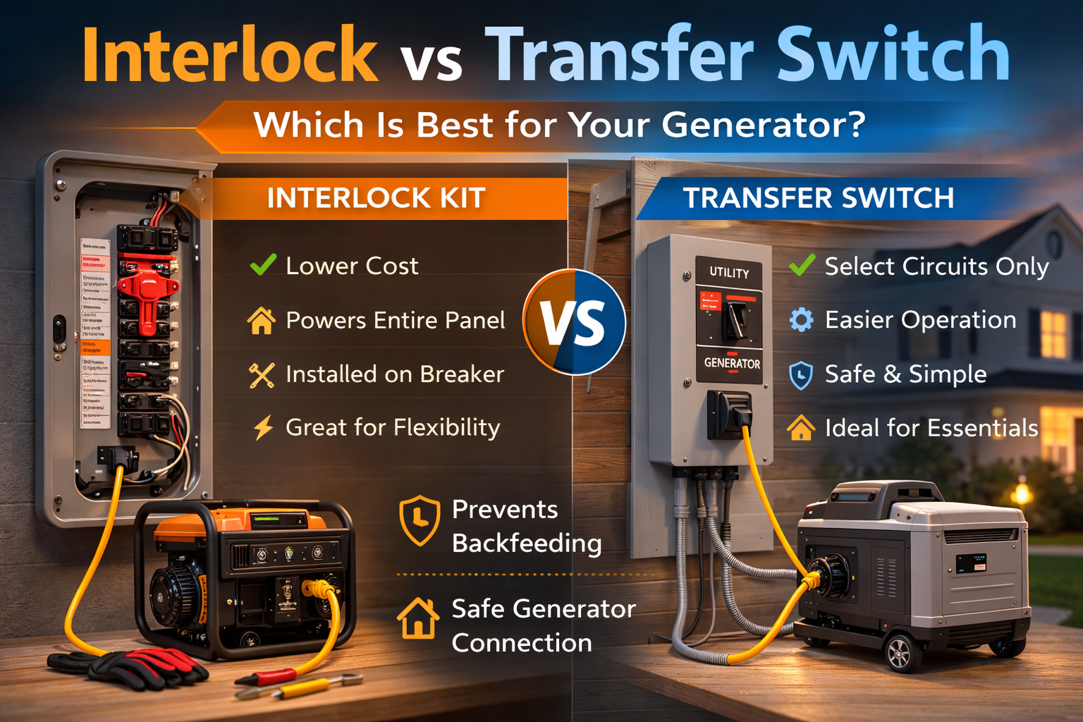 interlock vs transfer switch comparison for home generator electrical connection