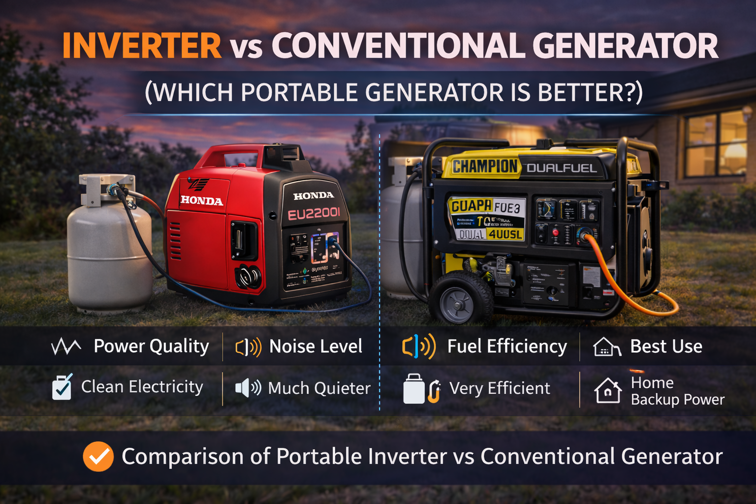 inverter vs conventional generator comparison showing portable inverter and traditional generator types