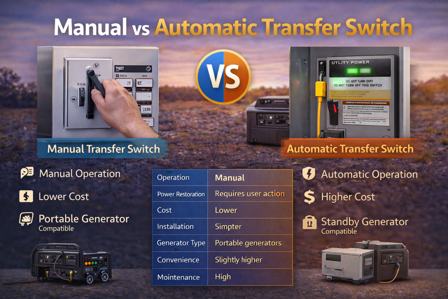 manual vs automatic transfer switch comparison for home generator systems