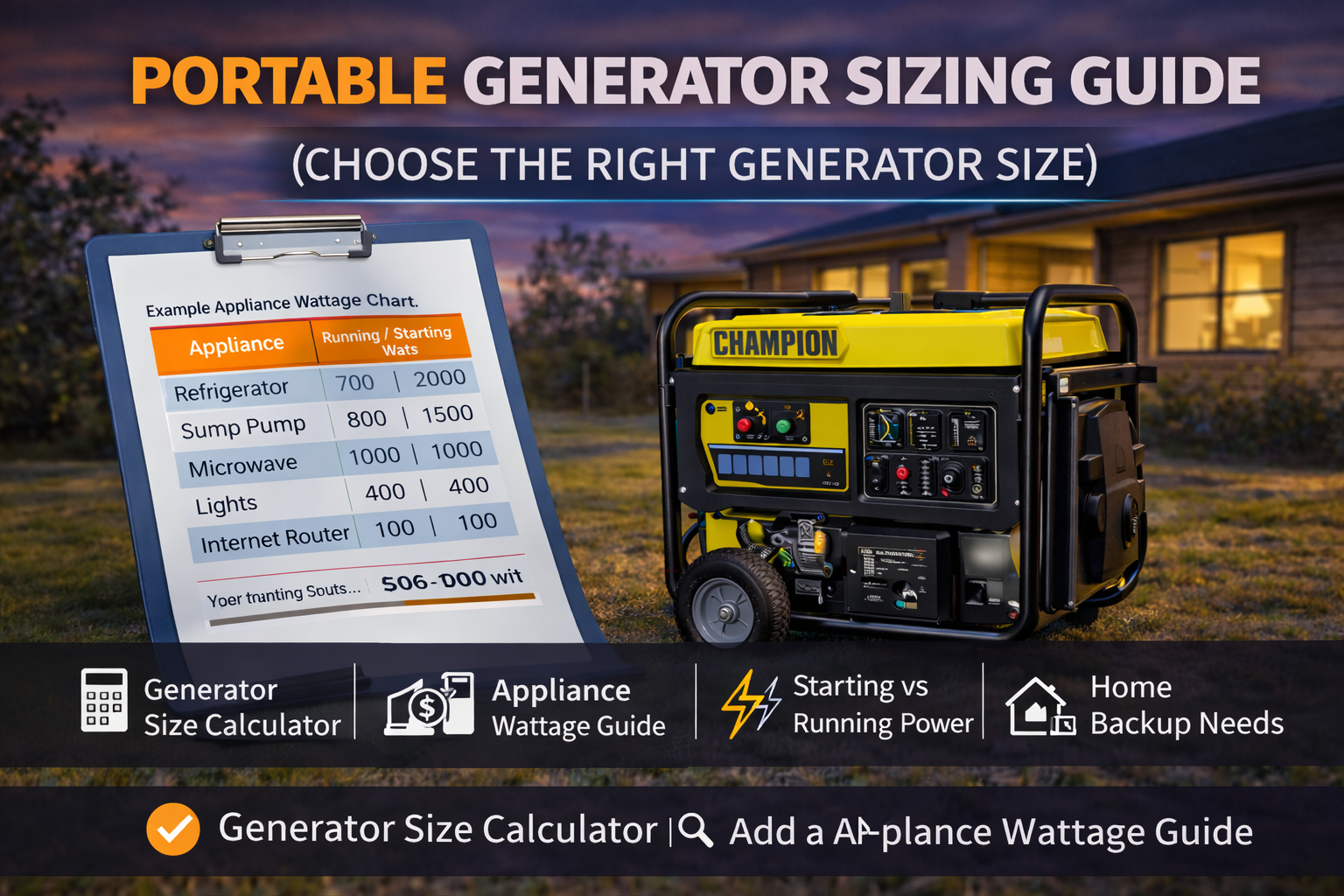 portable generator sizing guide showing wattage chart and appliance power requirements