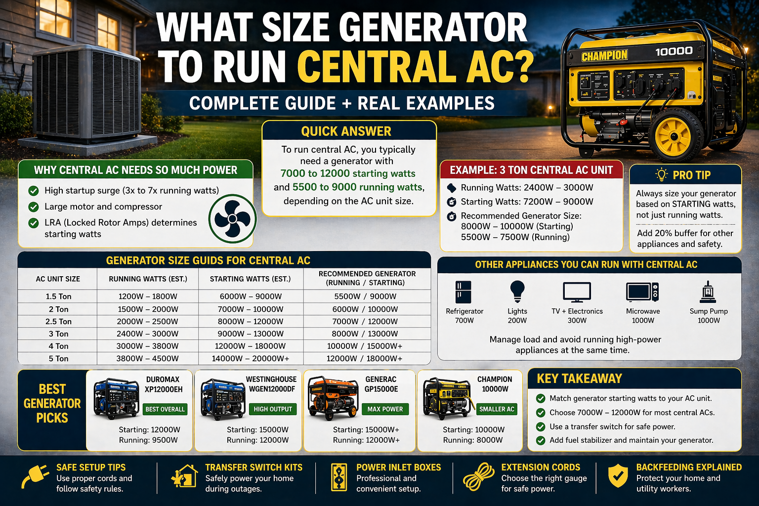 what size generator to run central ac