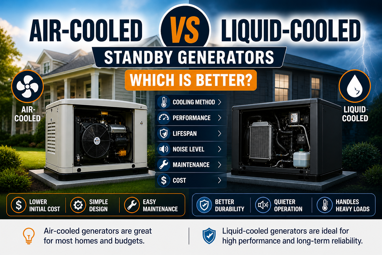 air cooled vs liquid cooled generator comparison showing portable generator powering home during outage