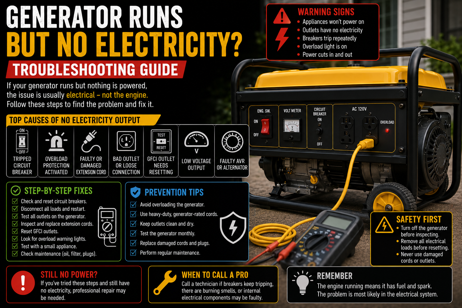 generator runs but no electricity